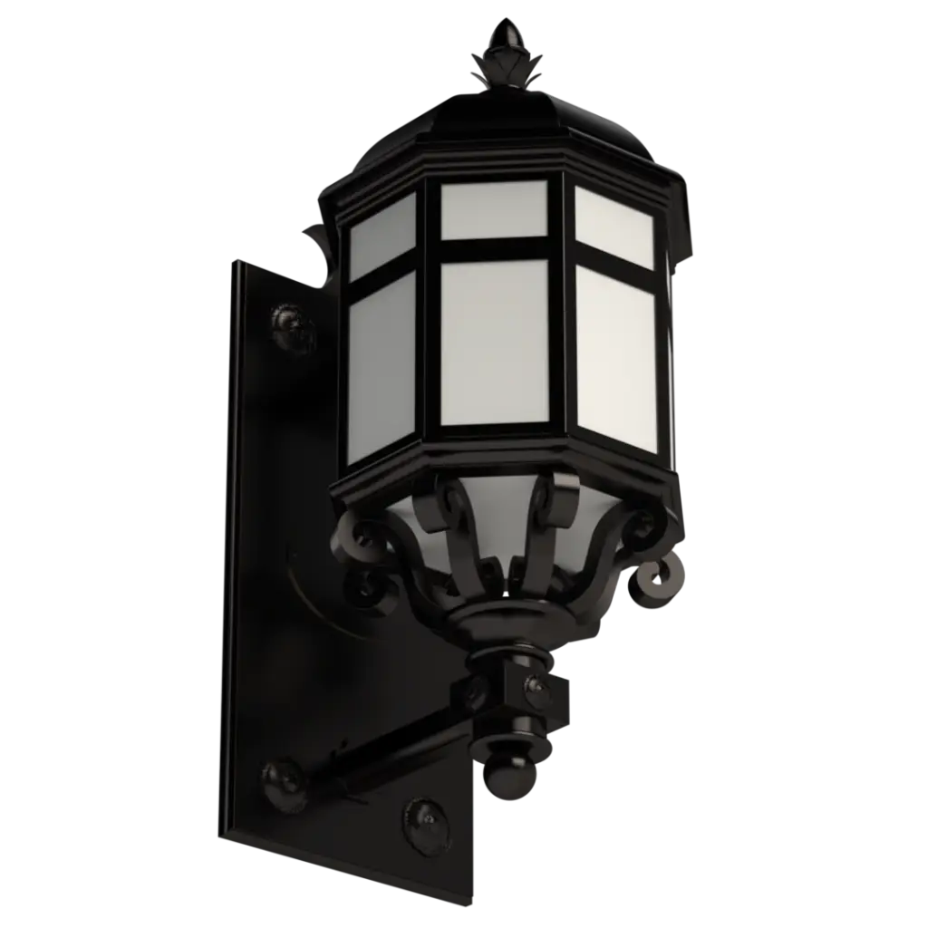 Black metal outdoor wall lantern with white glass panels.
