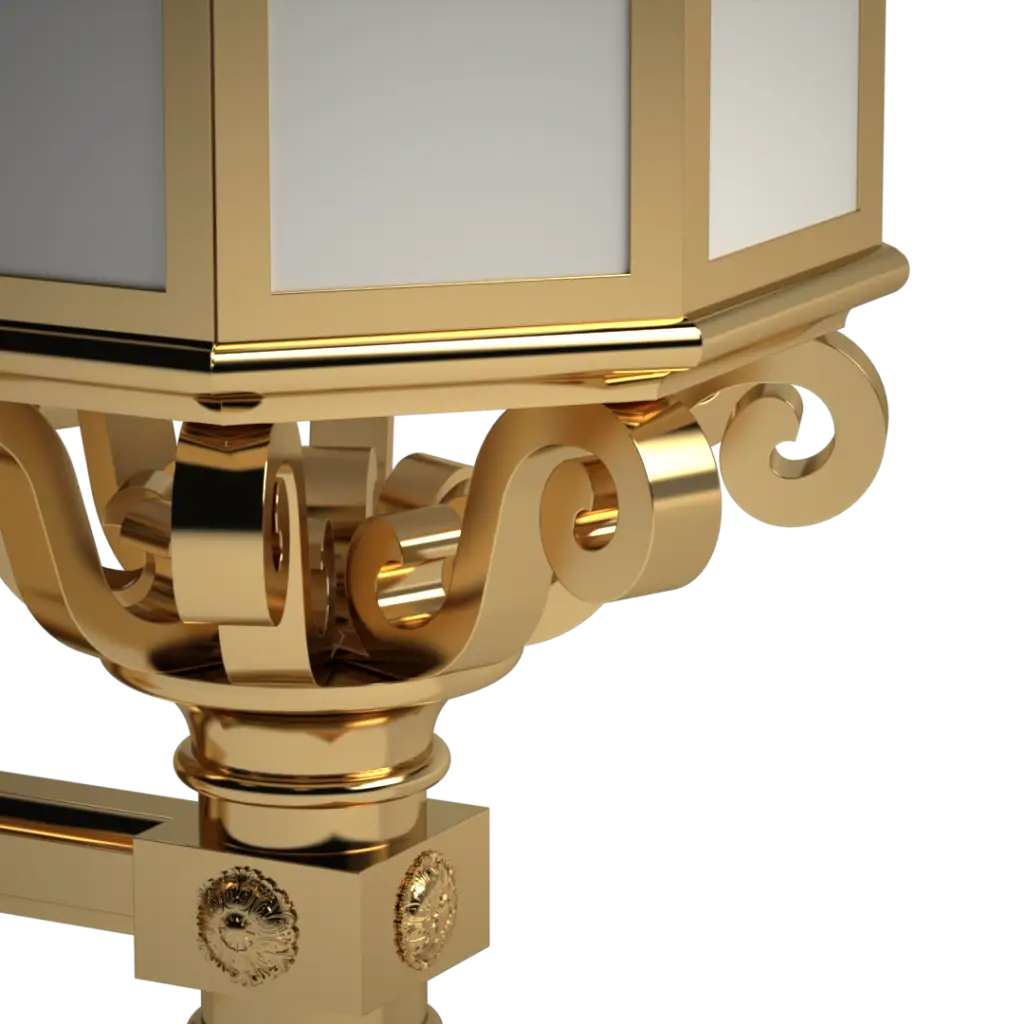 A gleaming, ornate gold lantern with intricate scrollwork and decorative medallions.