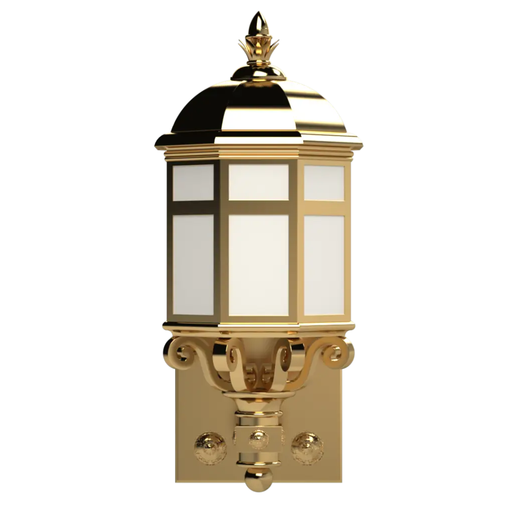 Polished gold-colored wall-mounted lantern with frosted glass panels.