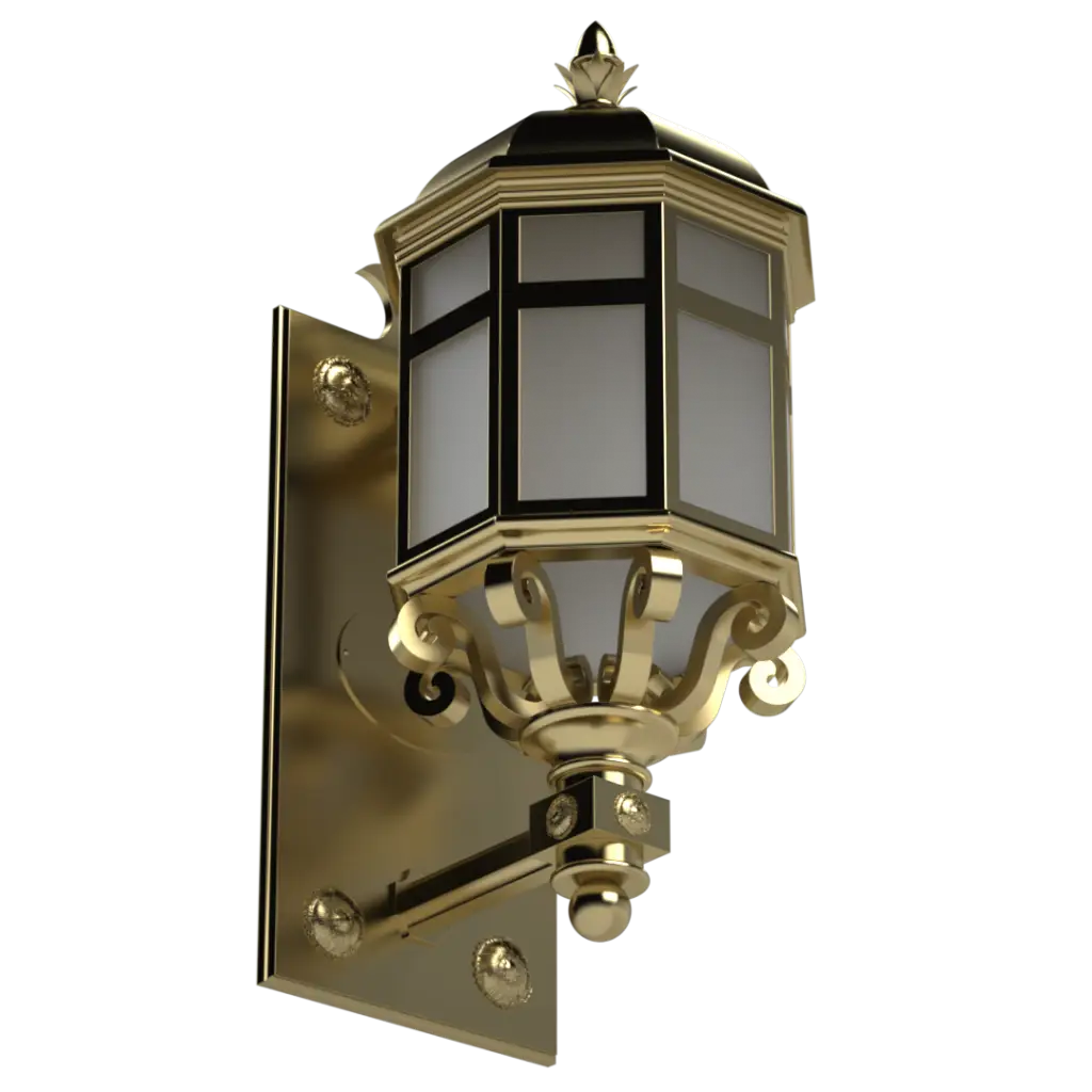 Polished brass octagonal outdoor wall lantern with frosted glass panels.