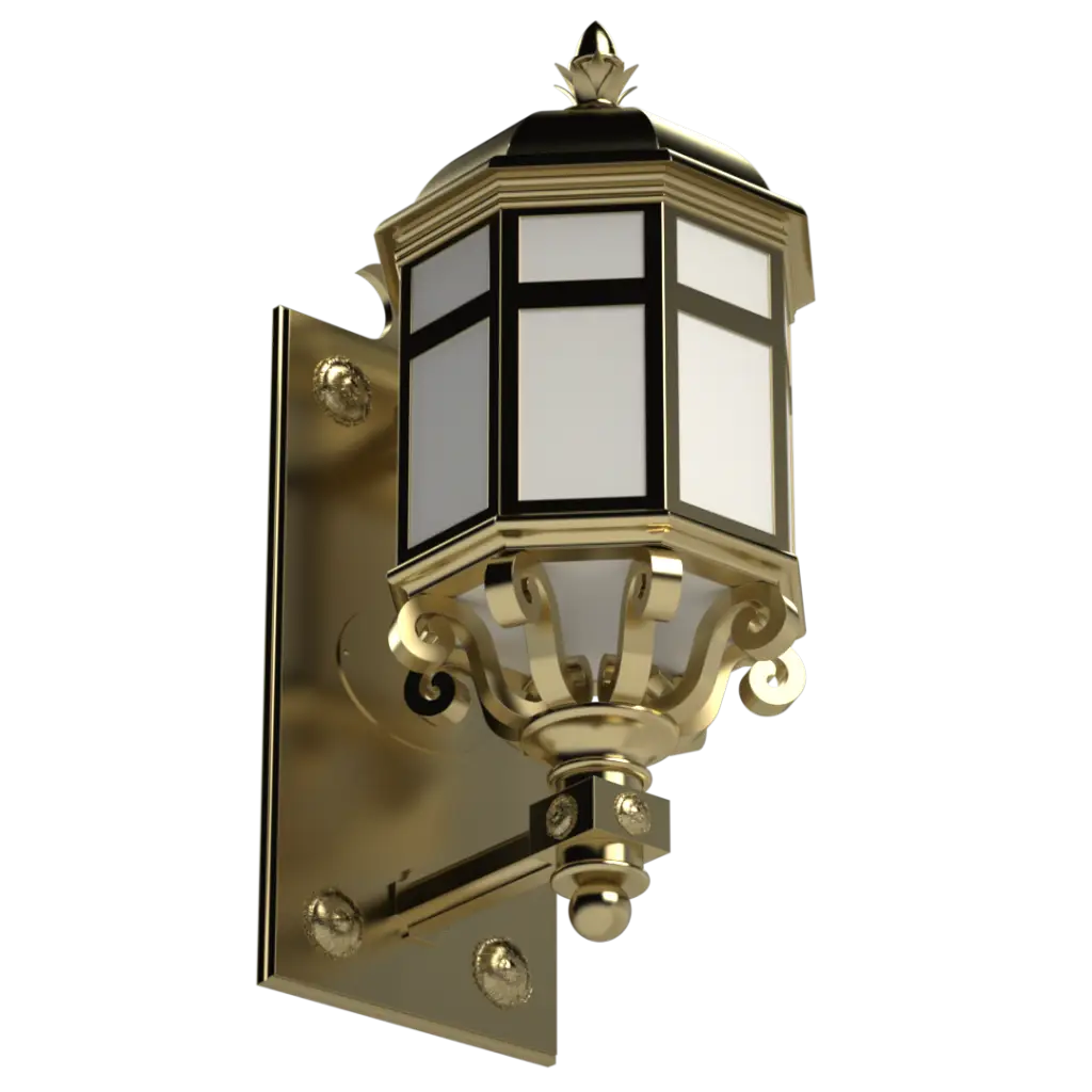 A gold-colored hexagonal outdoor wall lantern with frosted glass panels.