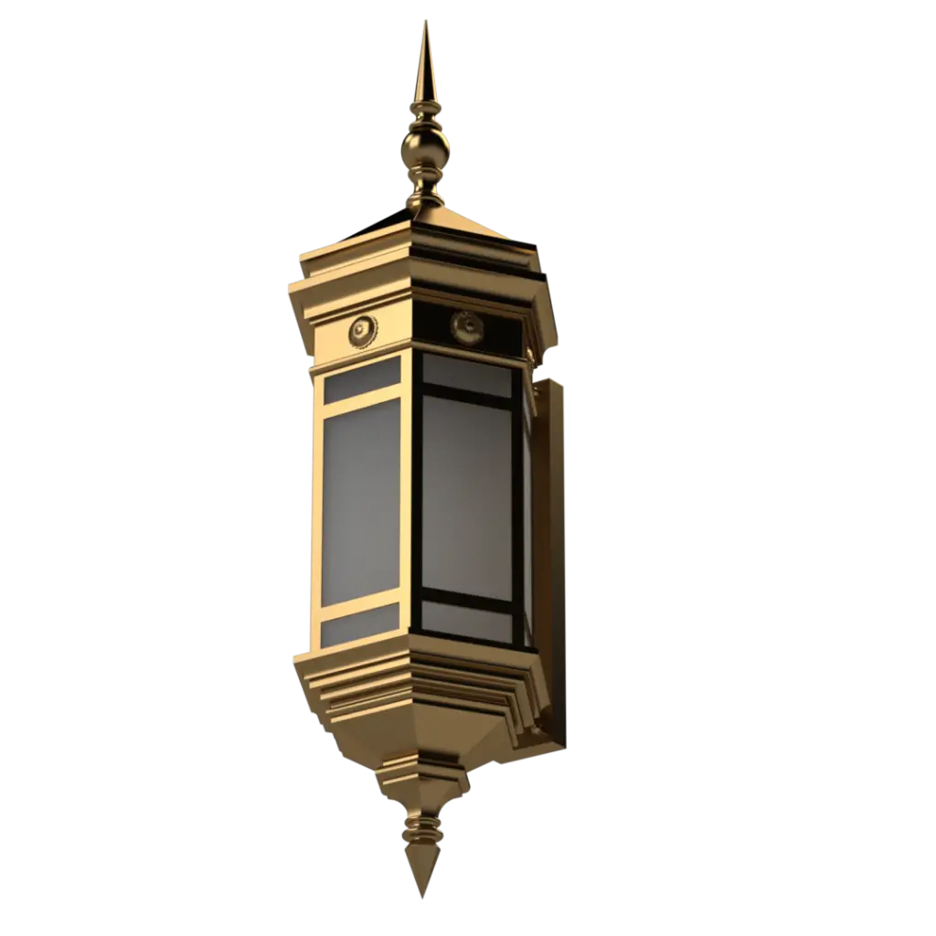 A gold and black decorative outdoor wall lantern with a pointed finial.