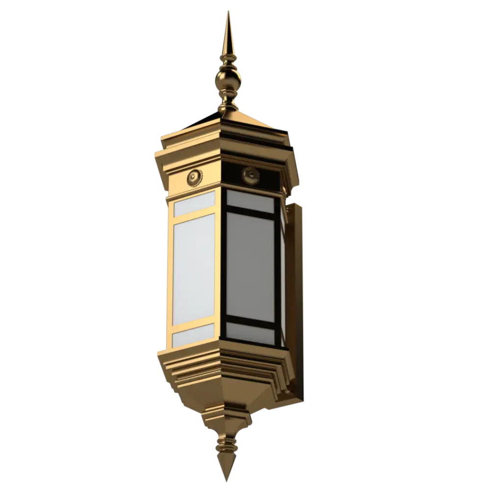 An ornate, gold-colored hanging lantern with white and dark glass panels.