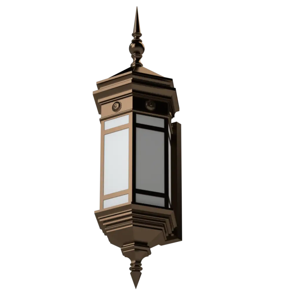 A bronze-colored outdoor wall light with decorative finials and two glass panels.