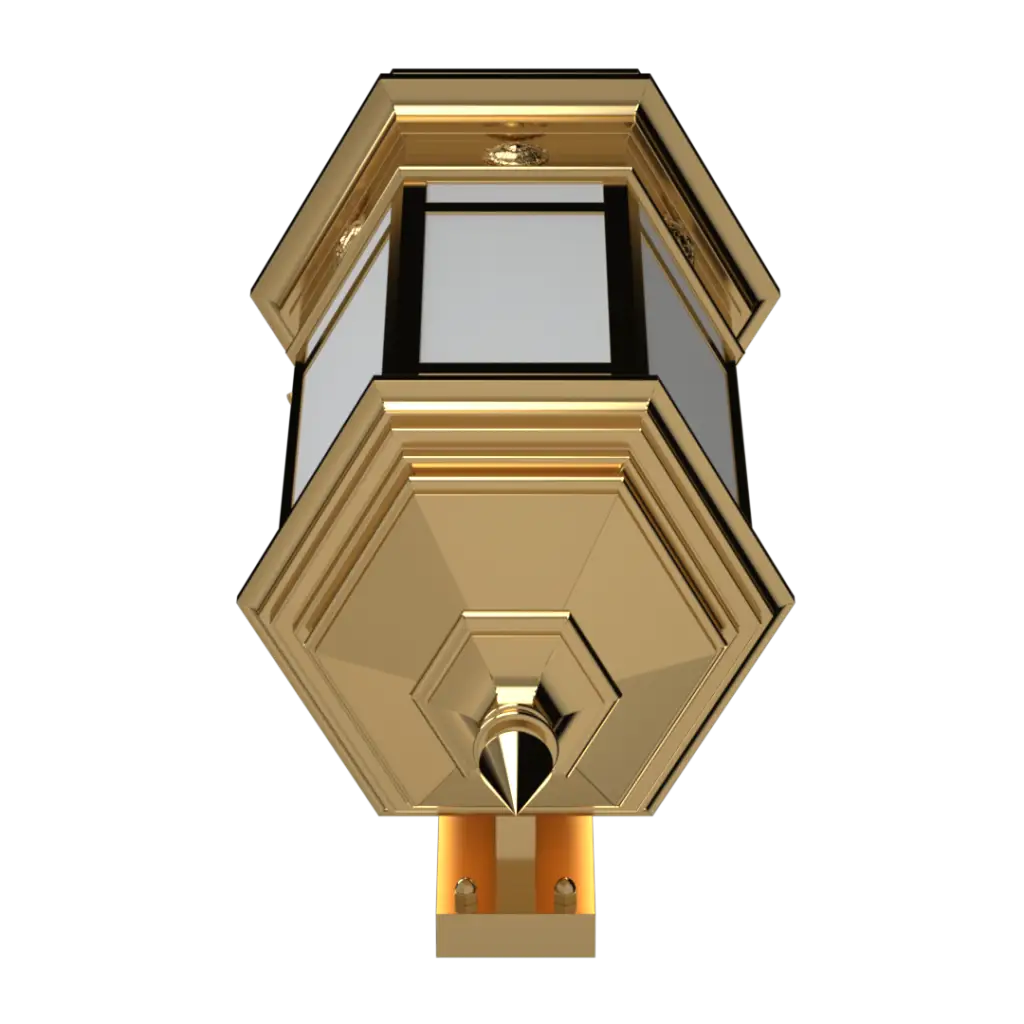 Gold-colored hexagonal wall lantern with clear glass panels.