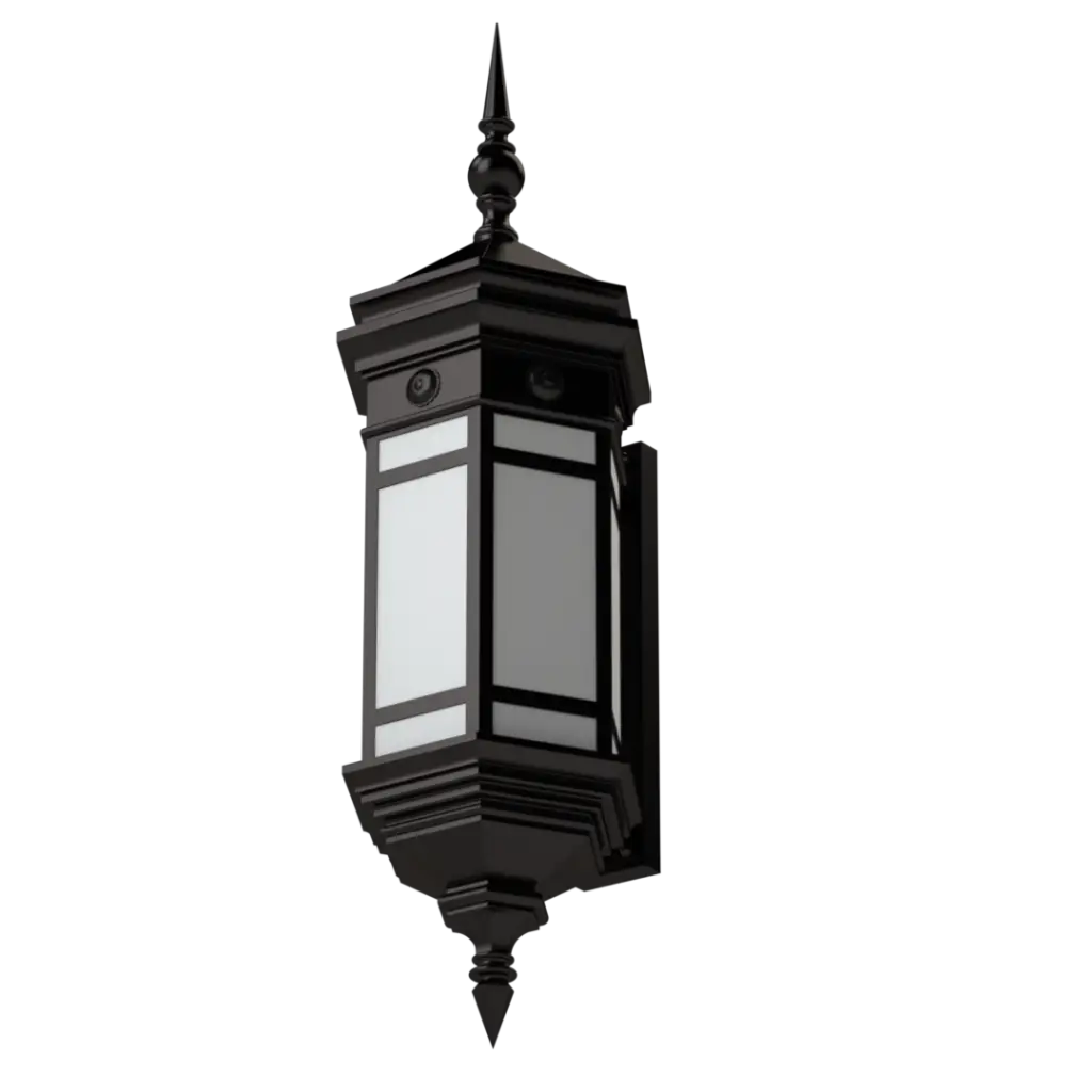A dark-colored, rectangular outdoor wall lantern with decorative finials and frosted glass panels.