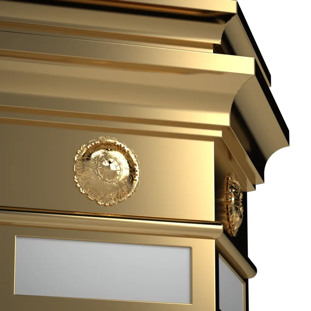 Ornately decorated golden furniture with a rectangular white panel.