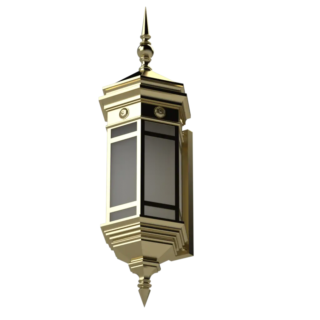 A golden wall-mounted lantern with decorative finials.