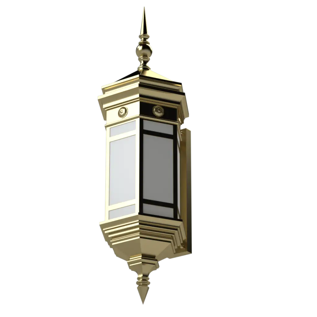 A gold and white ornate wall lantern with a pointed finial.