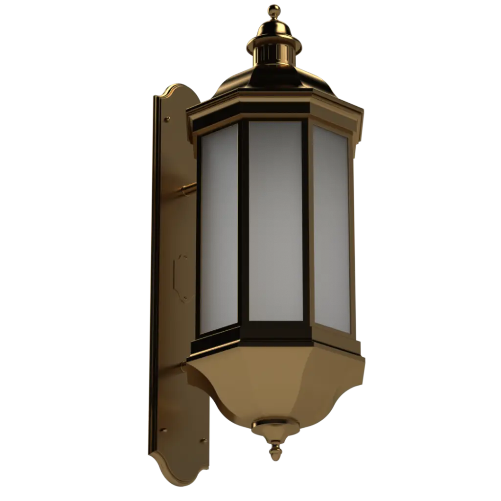 A gold-colored outdoor wall lantern with frosted glass panels.