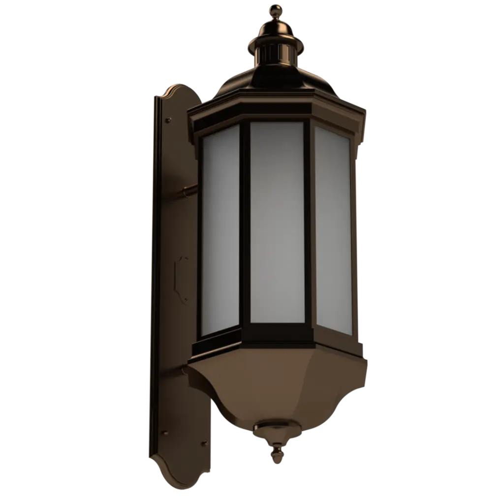 A bronze outdoor wall lantern with frosted glass panels.