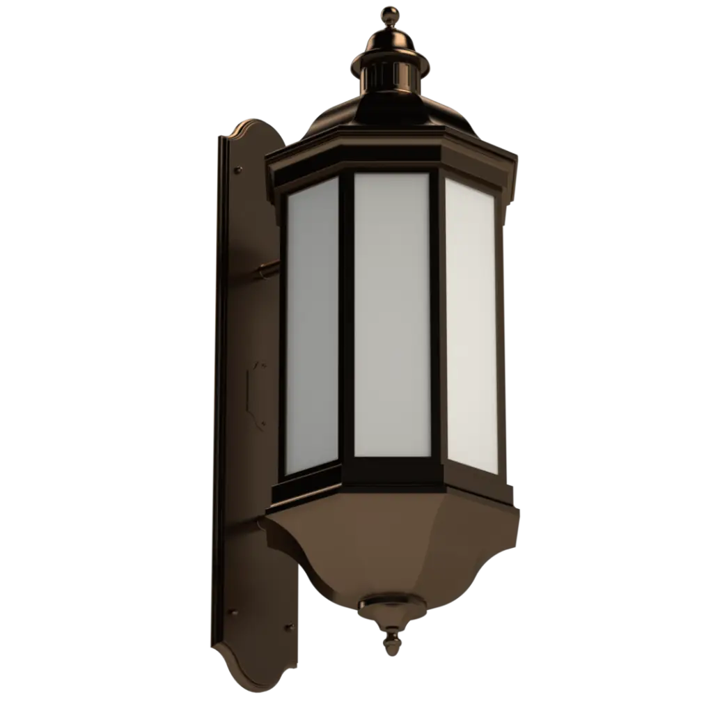 A bronze wall-mounted outdoor lantern with frosted glass panels.