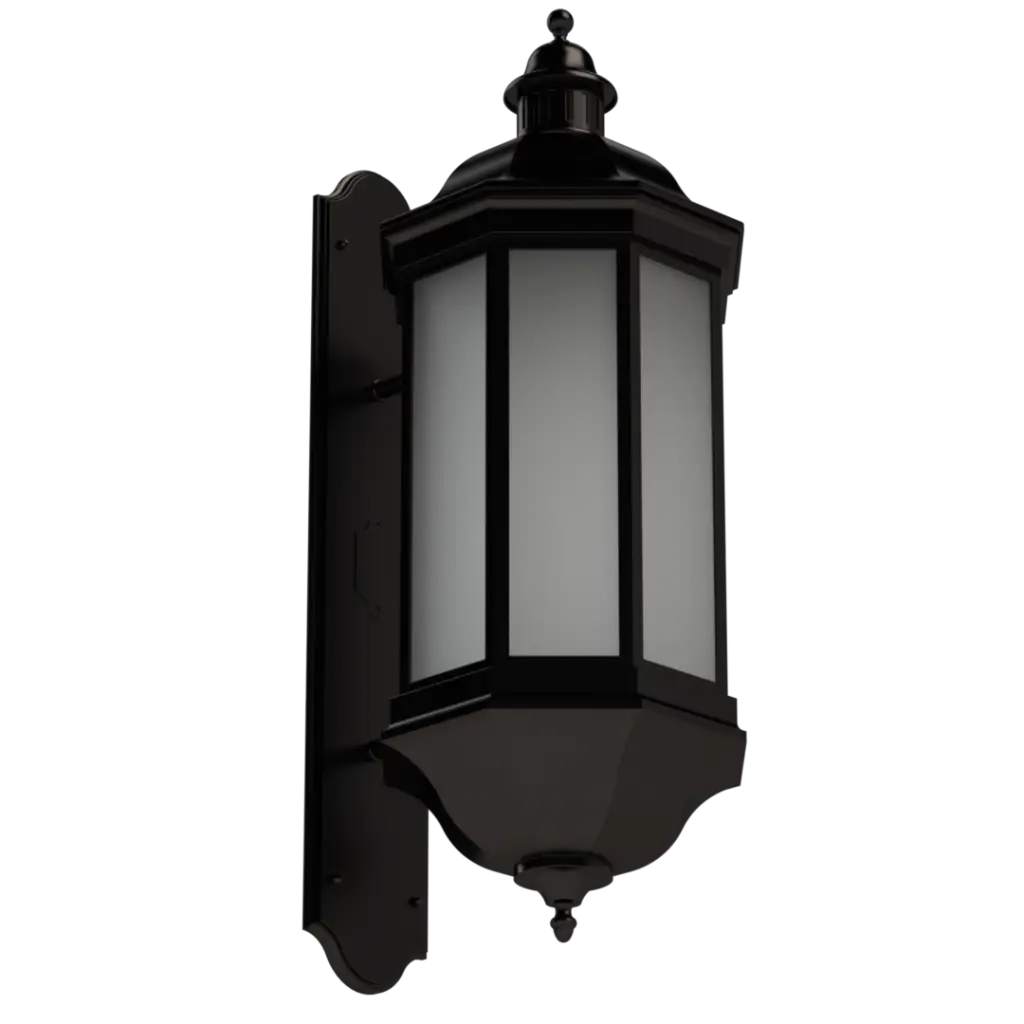 Black outdoor wall lantern with frosted glass panels.