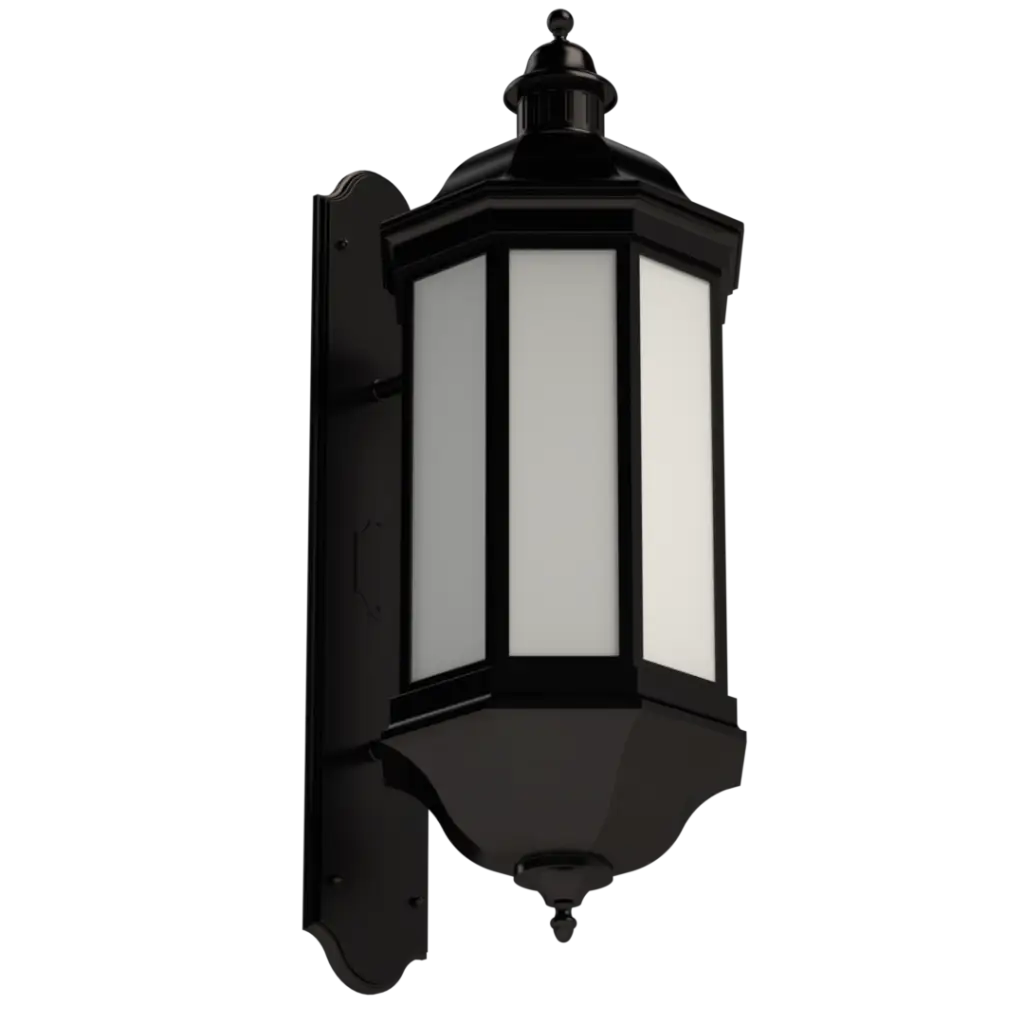 Black hexagonal outdoor wall lantern with white frosted panels.