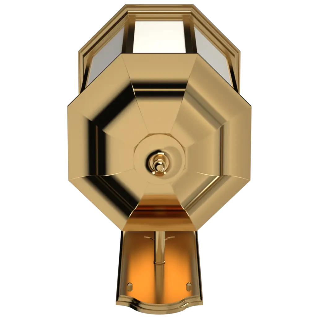 Ornate golden wall lamp with a hexagonal top and an exposed flame-like light source.