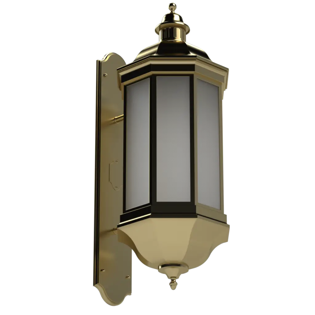 A brass outdoor wall lantern with frosted glass panels.