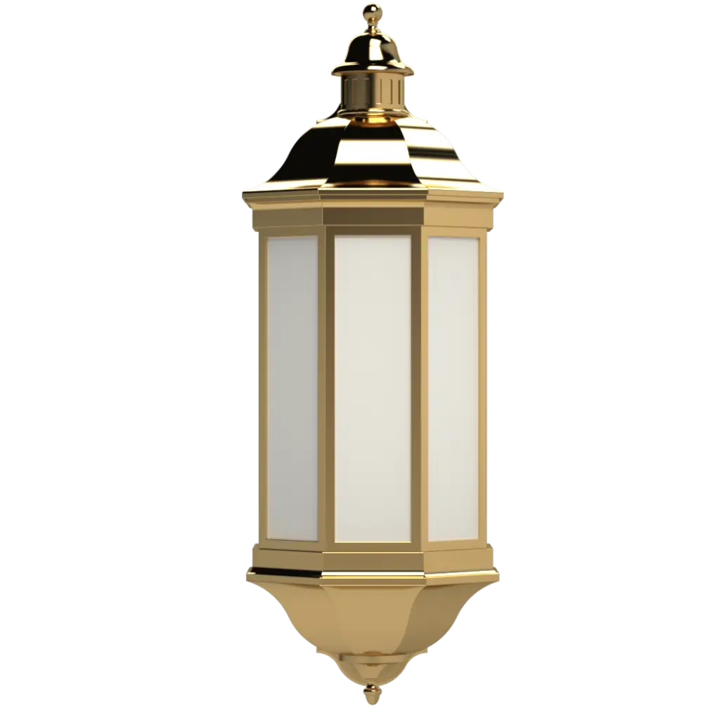 A tall, gold-framed lantern with white panels.