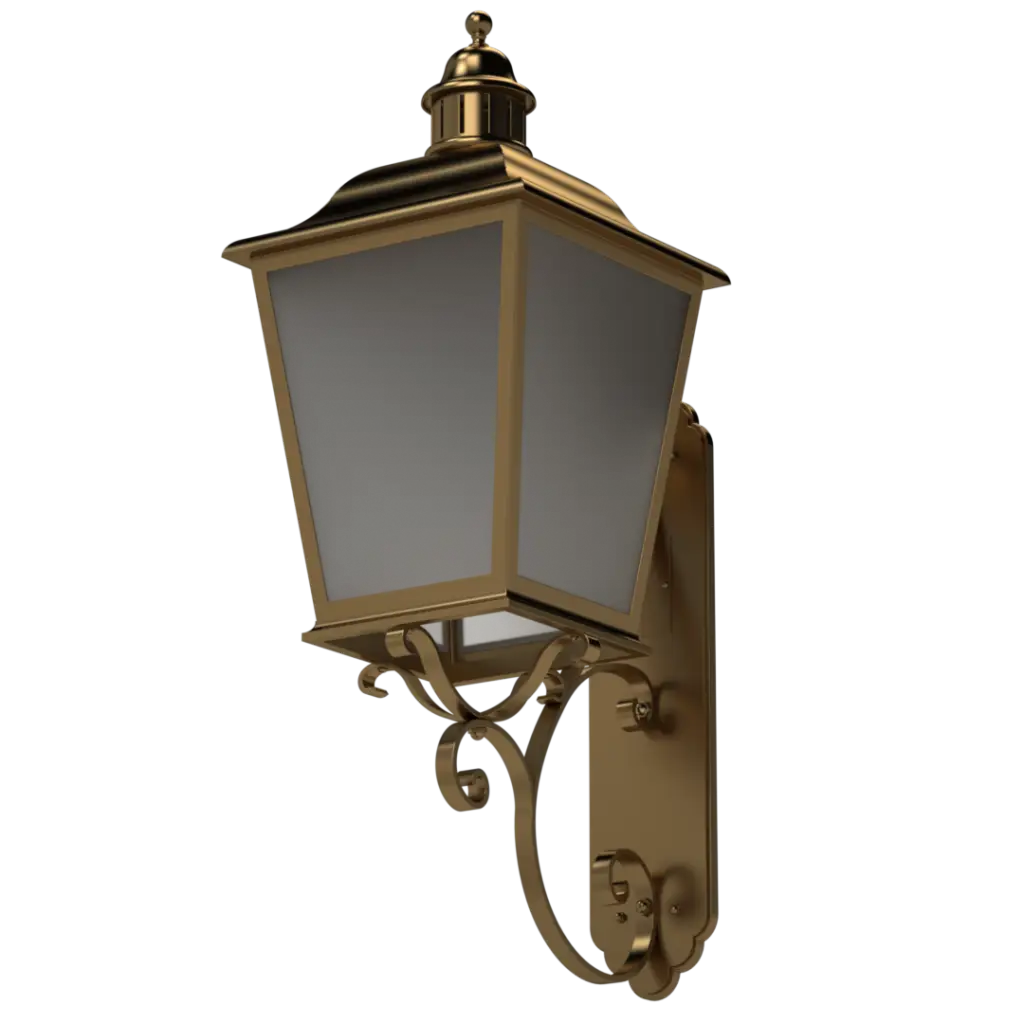 A brass outdoor wall lantern with frosted glass panels.