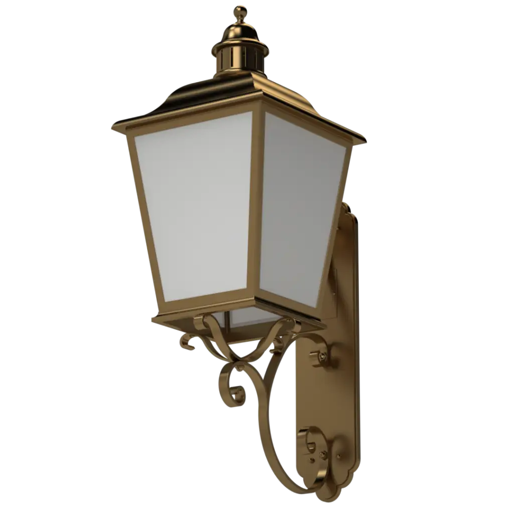 A gold-colored outdoor wall lantern with a square, frosted glass shade.