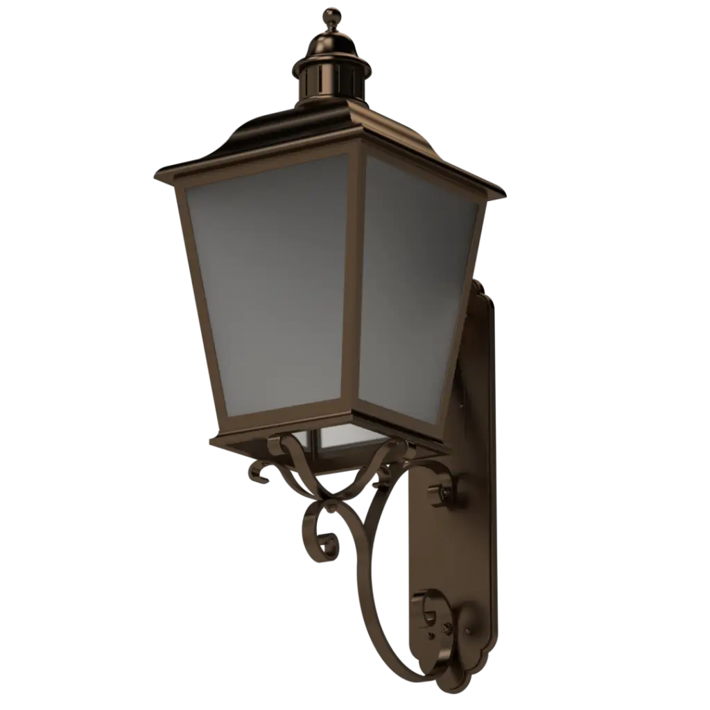 Ornate bronze outdoor wall lantern with frosted glass panels.