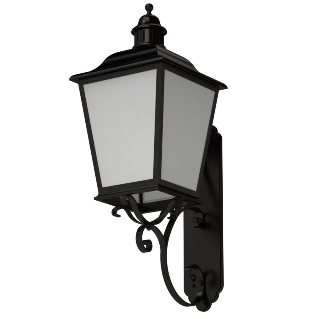 Black, ornate wall-mounted outdoor lantern.