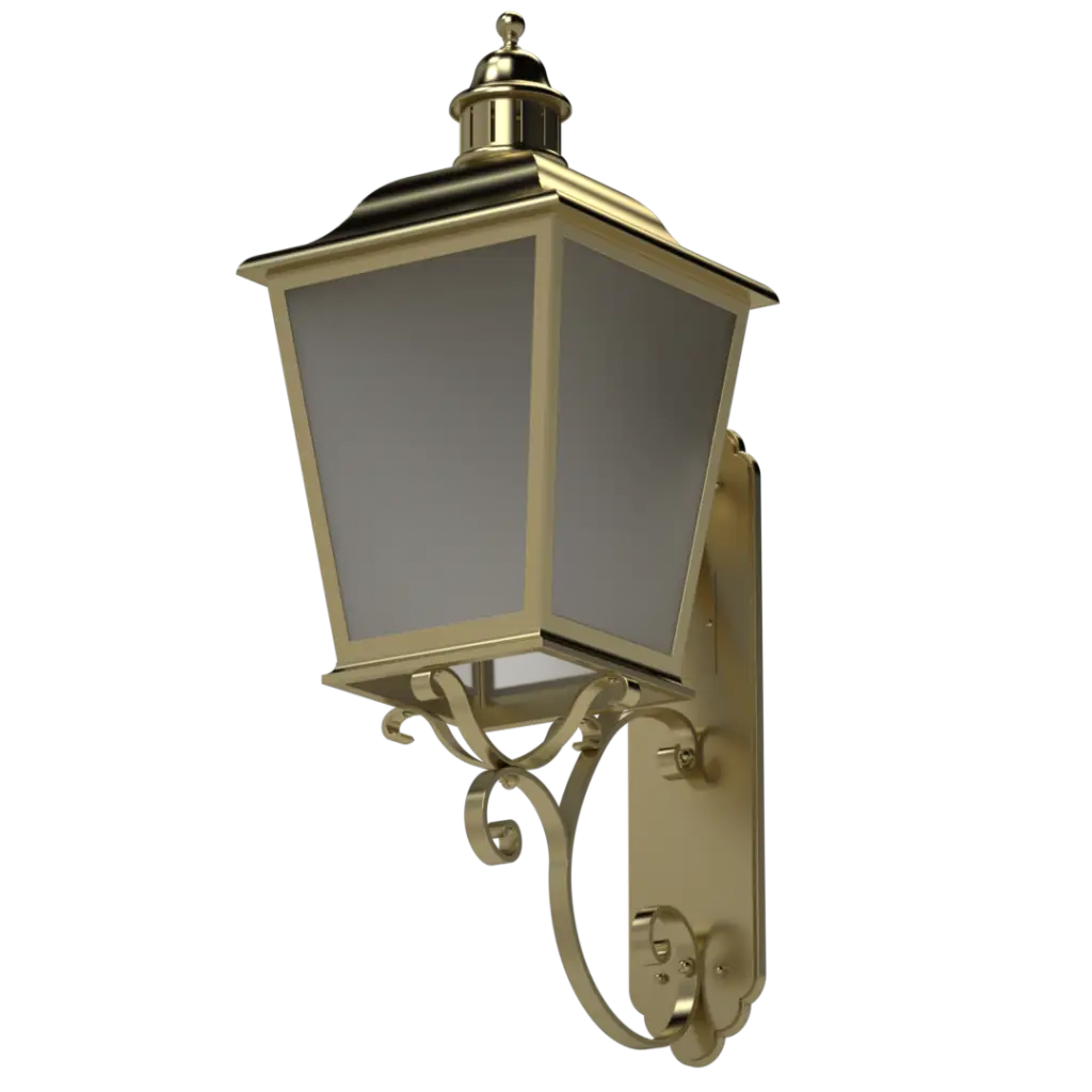 An ornate brass-colored outdoor wall lantern with frosted glass panels.