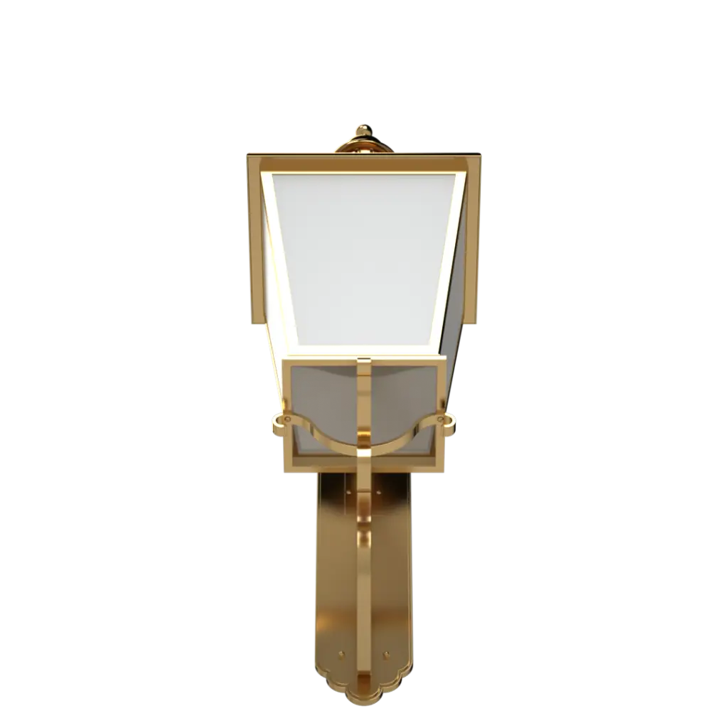 A gold wall-mounted outdoor light fixture with a rectangular glass shade.