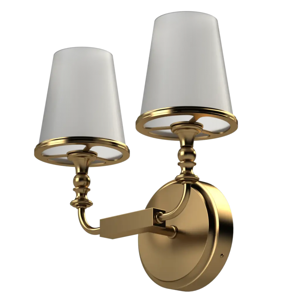 Gold-plated double wall sconce with white conical shades.
