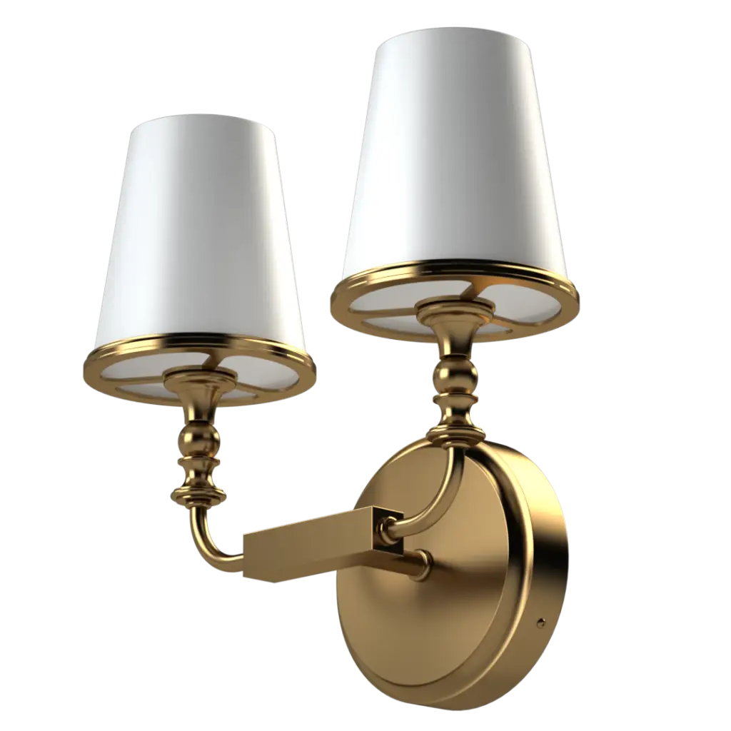 A two-light brass wall sconce with white conical shades.