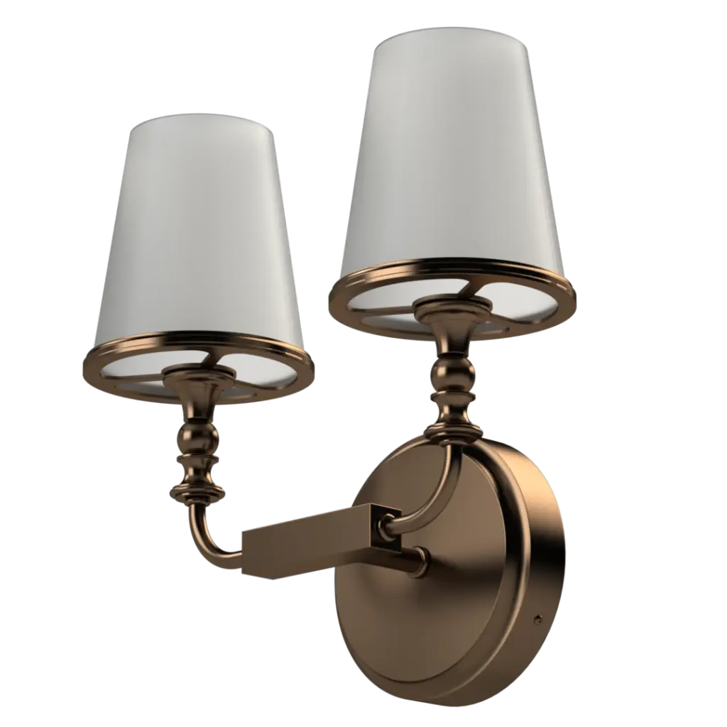 Bronze double-arm wall sconce with white fabric shades.
