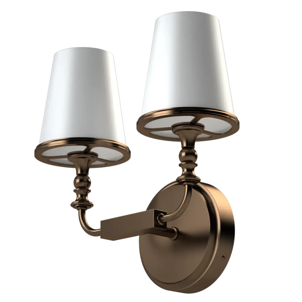 A two-light bronze wall sconce with white conical shades.