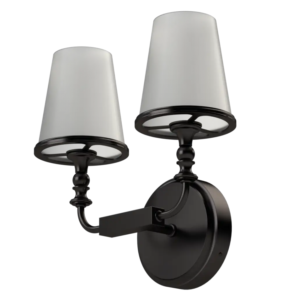 Two-light dark bronze wall sconce with white fabric shades.