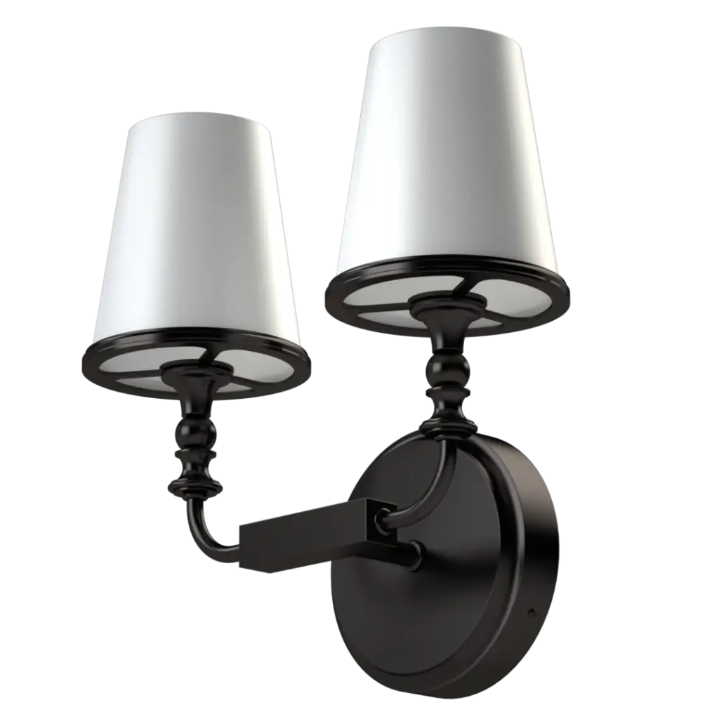 Two-light black metal wall sconce with white fabric shades.