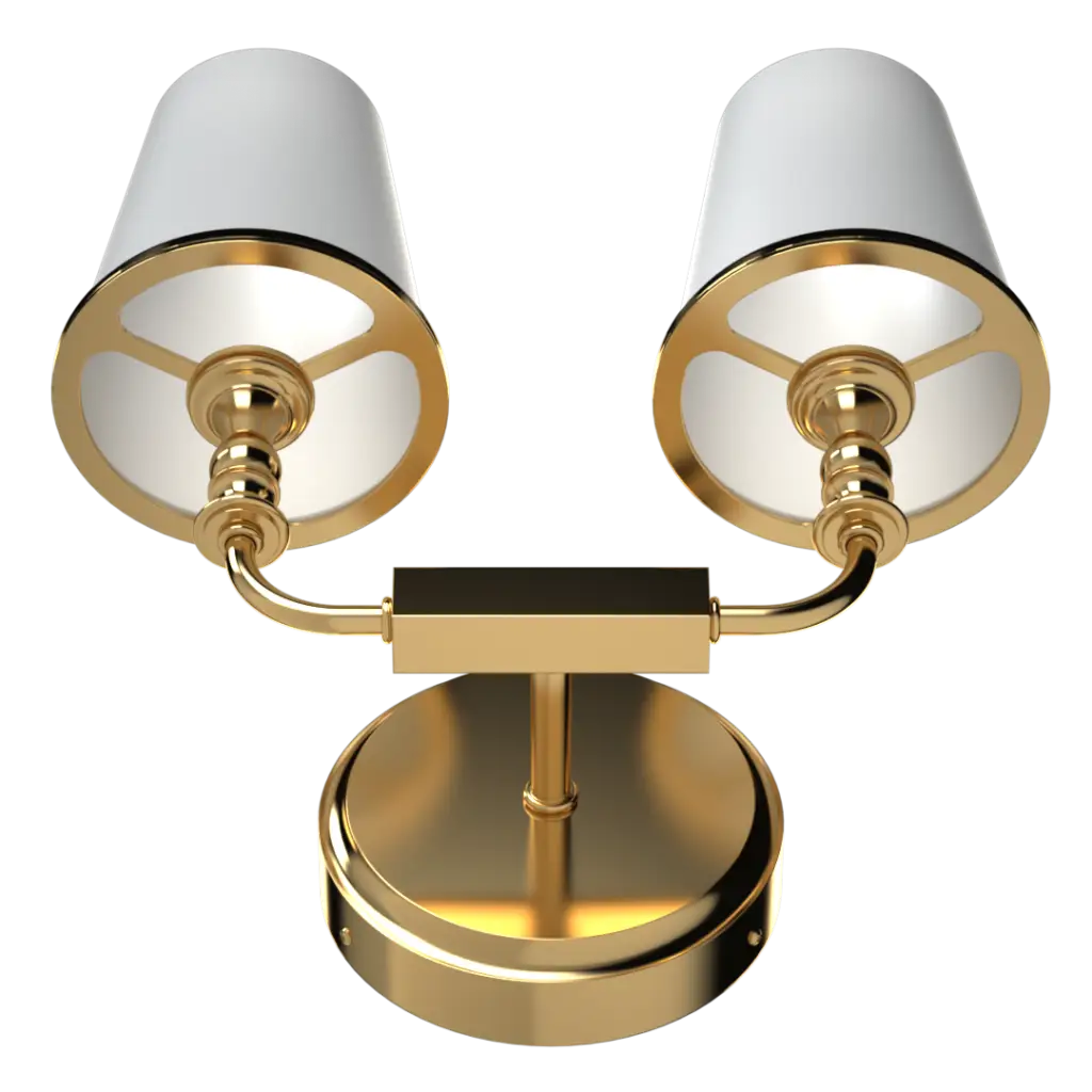 A polished brass wall sconce with two white cone-shaped shades.