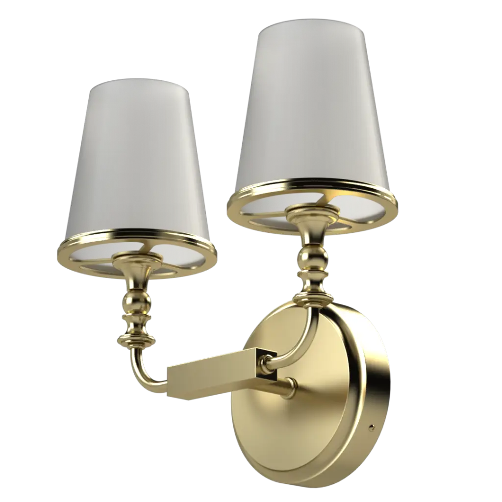 Polished brass two-light wall sconce with tapered white fabric shades.