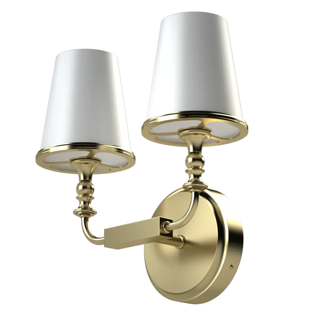 Gold-finished double wall sconce with white conical shades.
