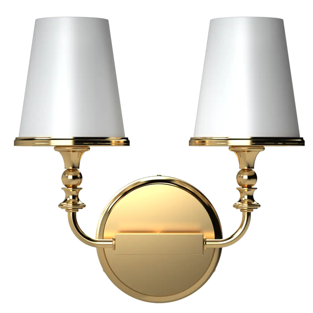 A two-light gold wall sconce with white fabric shades.