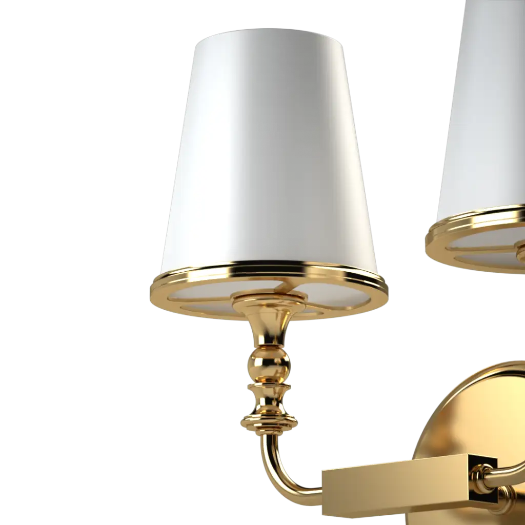 A two-light gold wall sconce with white fabric shades.