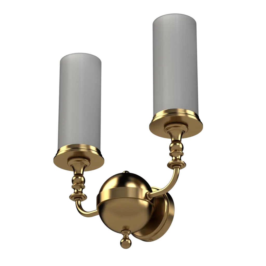 Dual-light brass wall sconce with cylindrical frosted glass shades.