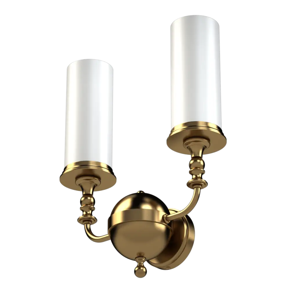 A polished brass two-light wall sconce with cylindrical white glass shades.