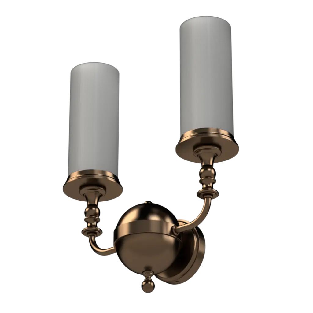 A two-light antique brass wall sconce with cylindrical frosted glass shades.