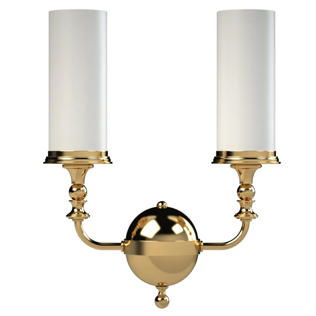 A brass two-light wall sconce with cylindrical white glass shades.