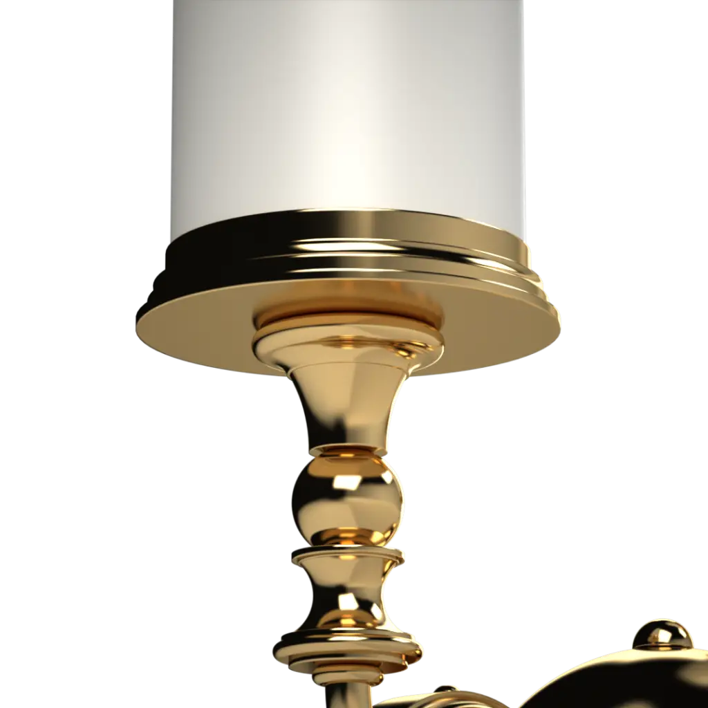 A gold-colored chandelier arm with a frosted glass light shade.