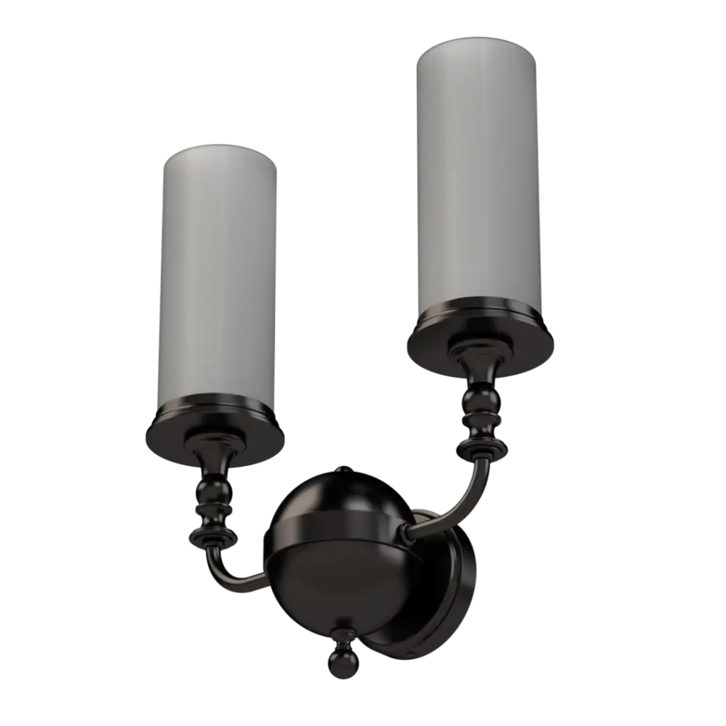 Two-light dark metallic wall sconce with cylindrical white glass shades.