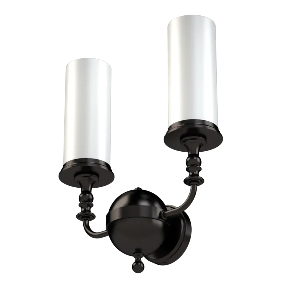 Two-light black wall sconce with cylindrical white glass shades.
