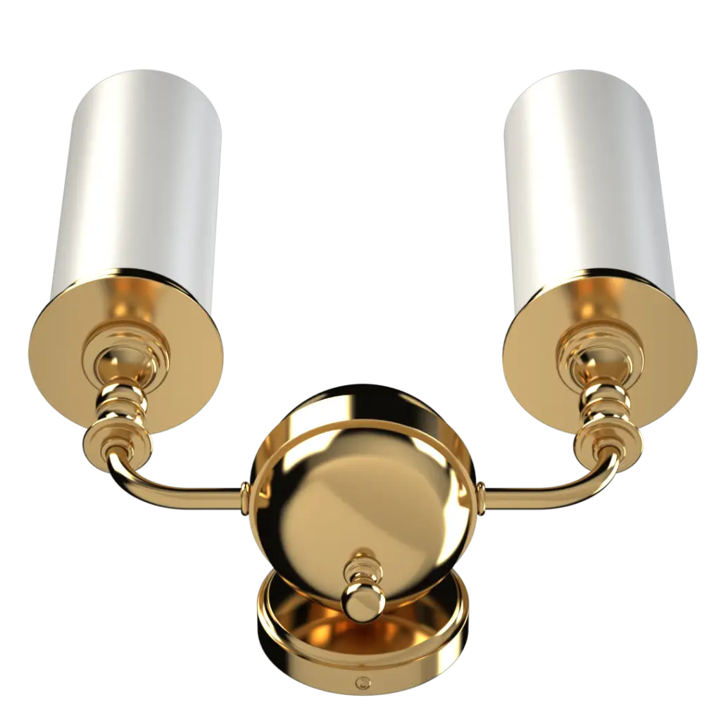 Polished gold two-light wall sconce with white cylindrical shades.