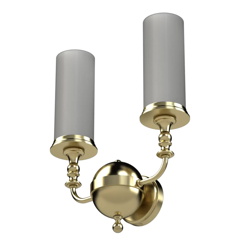 Two-light brass wall sconce with frosted cylindrical glass shades.