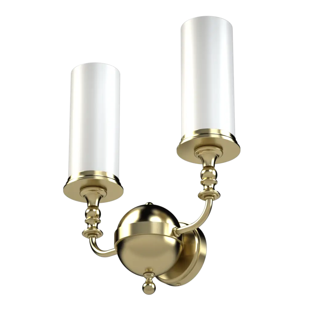 A two-light brass wall sconce with cylindrical white glass shades.