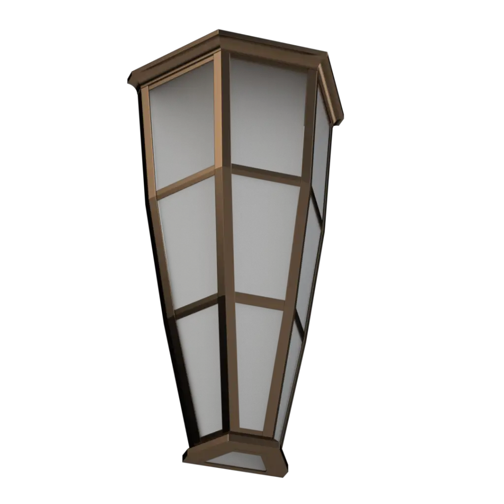 A tall, tapered, wooden lantern with translucent panels.