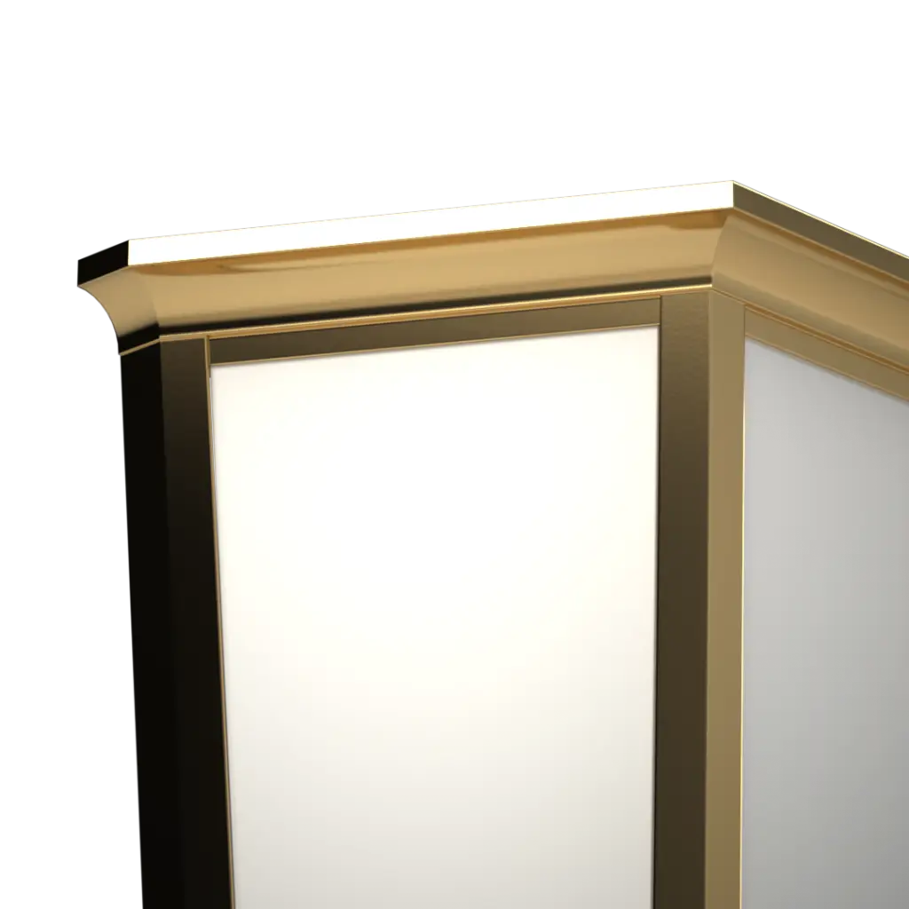 A gold-colored, corner-mounted display case with a white interior.